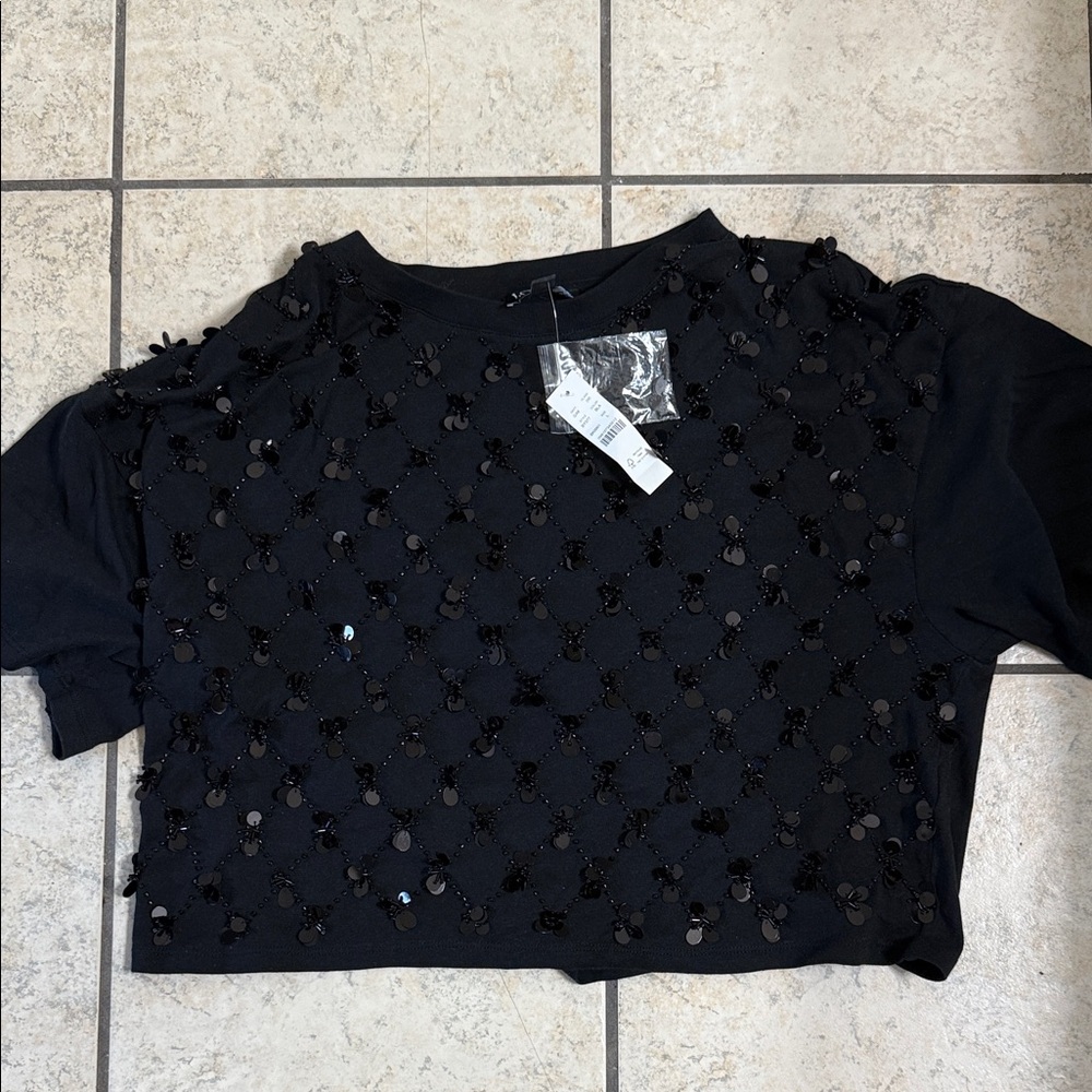 Jcrew Elegant Black Embellished Sequin Crop Top, NWT, size L